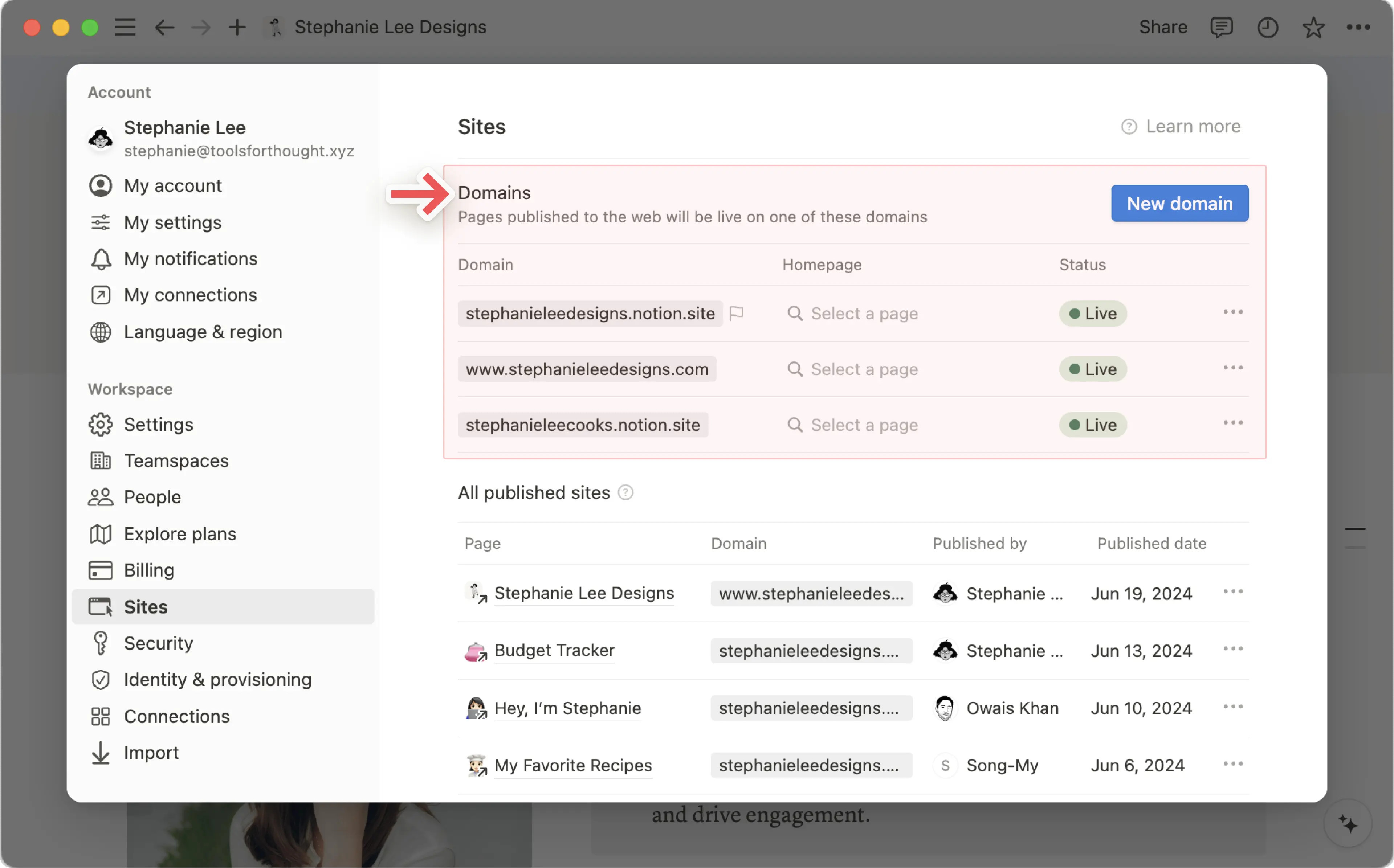 ac: gestionar tus dominios de Notion Sites
