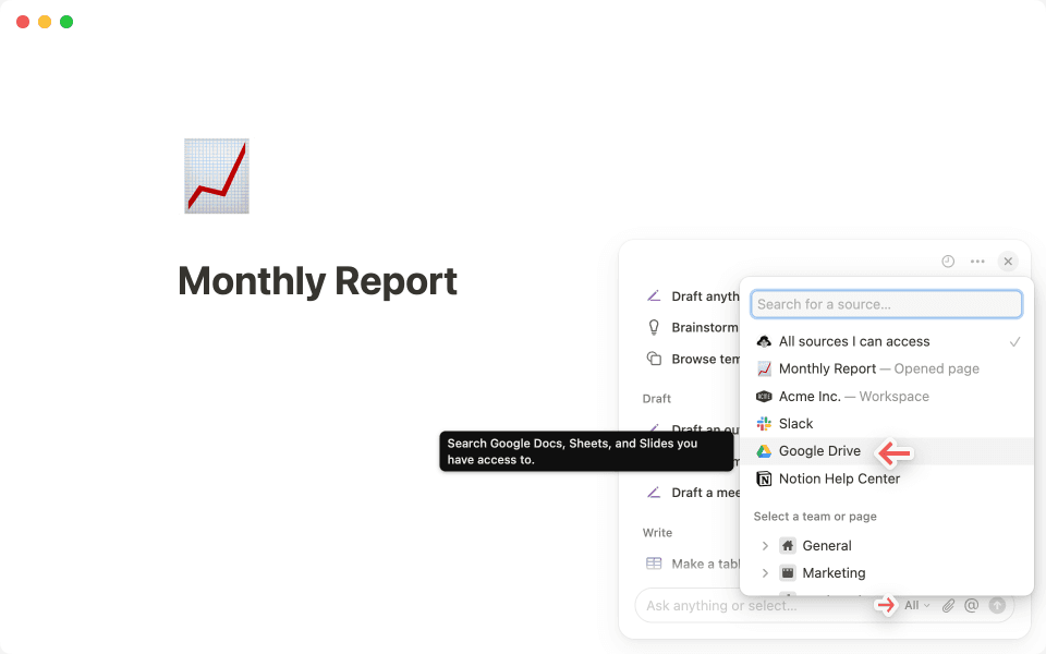 Elige Google Drive en el selector de fuentes de la IA de Notion para limitar el rango de tu búsqueda.