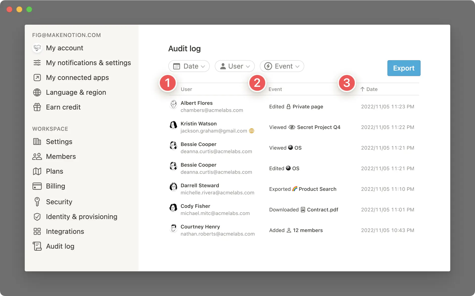 Info del registro de auditoría