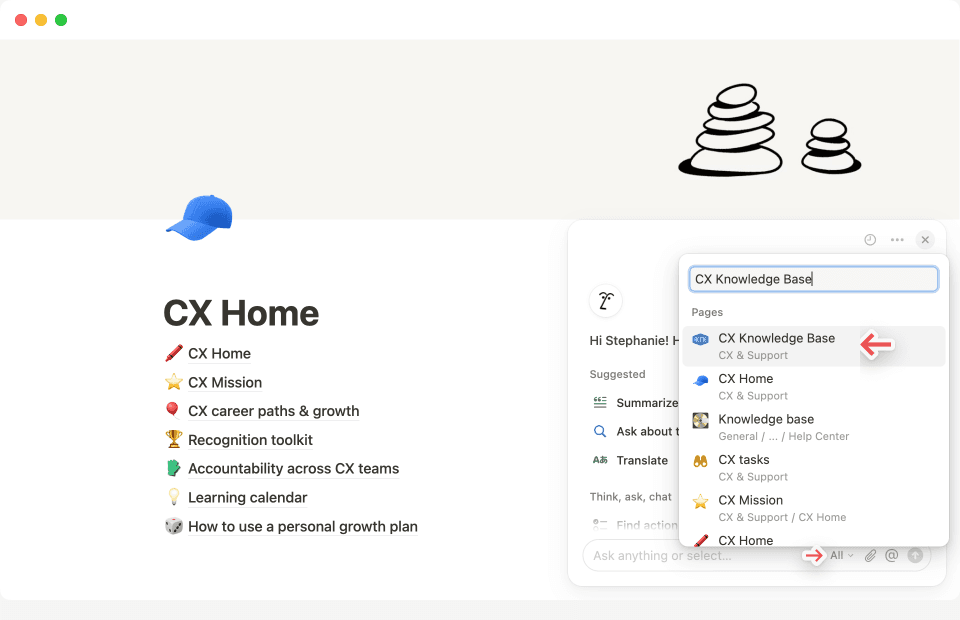Seleccione la página o fuente que deseas que analice la IA de Notion para obtener una respuesta específica.