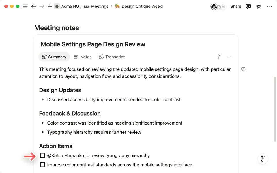 La IA de Notion etiqueta automáticamente a las personas adecuadas en la pestaña de resumen cuando las etiquetas en tus notas.