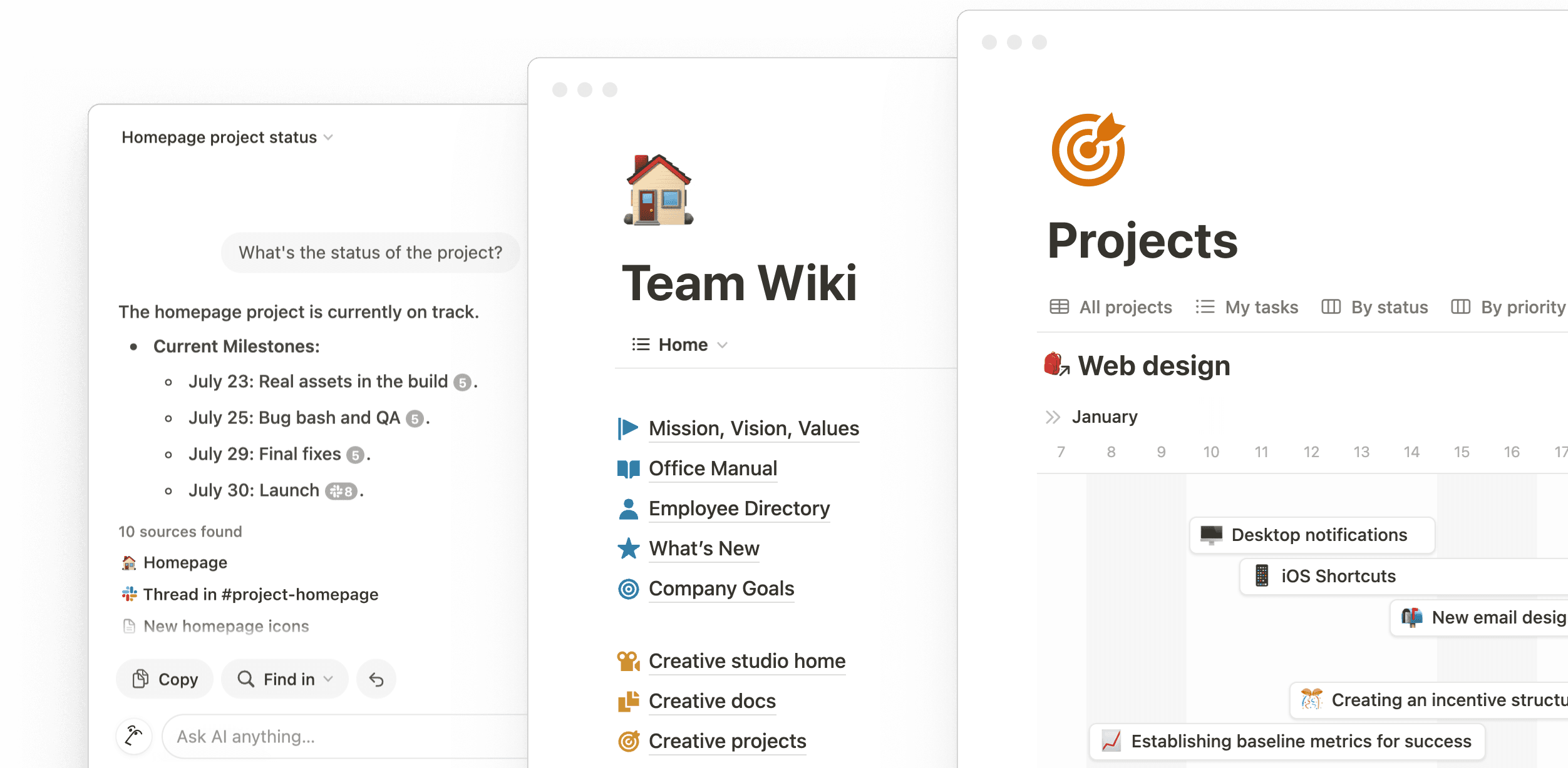 Espacio de trabajo de Notion donde se ve una lista de tareas al lado de una wiki de equipo